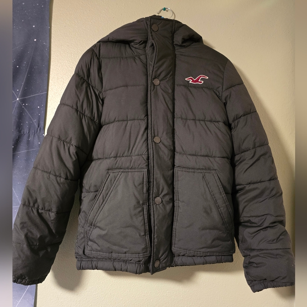 Hollister Men's Black Hooded Quilted Puffer Jacket (Size Small) *Rare*